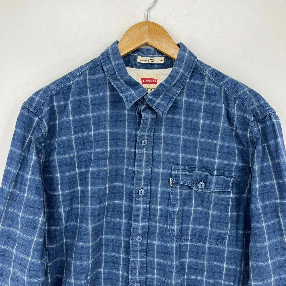 Levis Mens Blue Windowpane Plaid Button Down Shirt Standard Fit XL